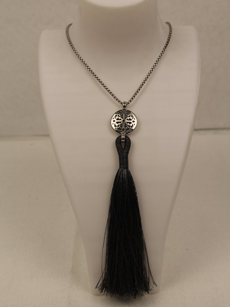 Brighton Silver Tone Filigree Mandala Medallion Black Thread Tassel Necklace